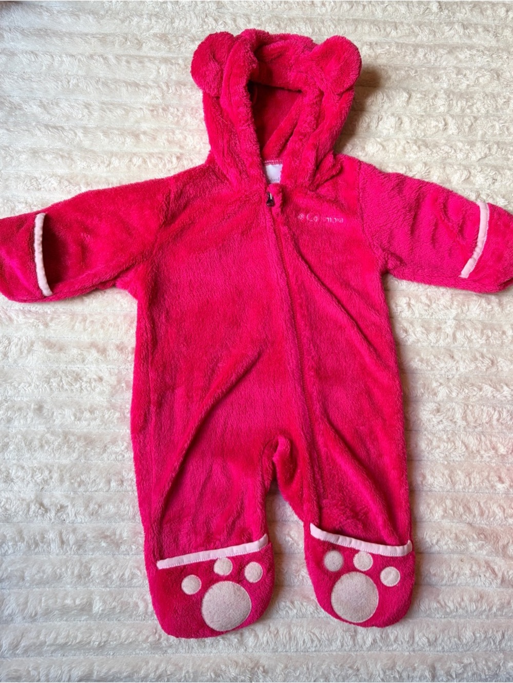 Columbia Baby Girls 0-3M Pink Fleece Bear Hood Footed Bunting